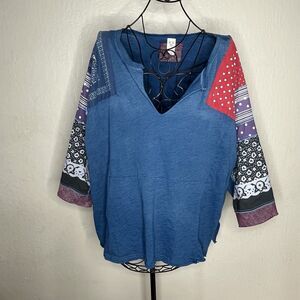 Free People Shibuya Blue Patchwork Tunic  Oversized Top Womens Size Medium